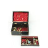 Jewellery Box:   Containing some turquoise stones, some items with ruby type stones, 8 varied tie-