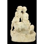 A. Cipriani A white marble Group, modelled with young boy and girl with lamb by a fountain, 16" (