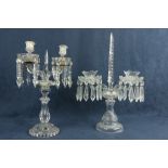 A good quality cut-glass two branch Table Chandelier, with centre glass obelisk and lustre drops, 19