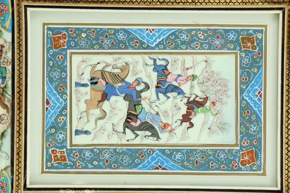 An Indian Hunting Scene, with figures on horse, on paper, in colourful mica frame with hunting - Image 3 of 5