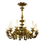 A fine quality early 19th Century Continental ormolu 12 branch Ceiling Light, with ornate rose,
