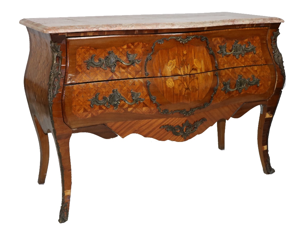 A 19th Century French Louis XV style marquetry bombé shaped Commode, with shaped sienna marble - Image 2 of 2