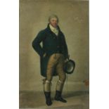 Early 19th Century English "Full length Portrait of a Gentleman holding a top hat and hunting
