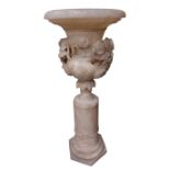 A tall 19th Century vine and rose carved Alabaster Urn, with flaring neck on matching cylindrical