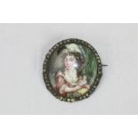 18th Century French Enamel Miniature: A fine small circular Brooch, with painted scene of 'Young