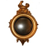 A Regency period Convex Mirror, the carved giltwood frame crested with a stylized dolphin above leaf