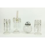 A pair of cutglass lustre Candlesticks, 9" (23cms); together with another taller ditto and a bulbous