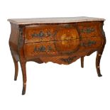 A 19th Century French Louis XV style marquetry bombé shaped Commode, with shaped sienna marble