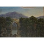 19th Century Irish School  "Brickeen Bridge, Killarney, with mountains in background," O.O.C., 56cms