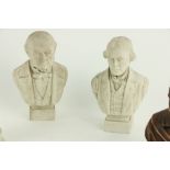 A small Parian Bust of Gladstone, 7 1/2" (19cms); another of Irving; another small chalk of a