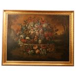 Late 18th Century Flemish School  Still Life, a large 'Colourful Basket of Flowers, with landscape