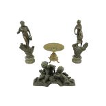 A pair of Spelter Figures, 'L'Agriculture' 18" (46cms), together with a brass Table Centre, on
