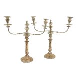 A fine early pair of Sheffield silver plated two branch Candelabra, each with scrolling arms and urn