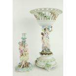 A Sitzendorf porcelain Candlestick, modelled with Woman and Infant, 12 1/2" (32cms), on square