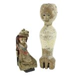 A Queen Anne period carved and painted wooden Dolls Body, the head with coloured glass eyes, (