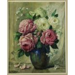 Lucien Gilbert Darpy, French (1875-1964) "Pink Roses in a blue and green Vase," O.O.C., approx.