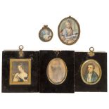 20th Century  Miniature of "Elegant Lady," in gilt metal frame, a smaller circular similar ditto,