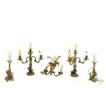 A pair of rococo style three branch - four light Candelabra brass Table Lamps, 13" (33cms); together