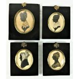 19th Century Irish School A set of 4, oval Silhouette Profile Miniature Portraits, all female