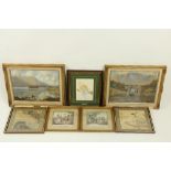 A pair of Irish Landscape Prints, in gilt frames, a pair of French coloured Prints after Huet, a