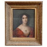 19th Century French School "Portrait of a young Lady in low cut red dress with pearl in hair," O.O.