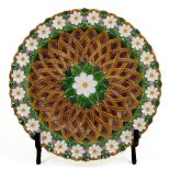 A large Victorian Majolica polychrome Dish, probably Mintons, with basket weave in relief and a