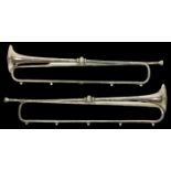 A good pair of silver plated Clarion Bugles, with ornate centre knops, 69cms (27"). (2)