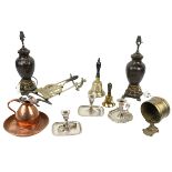 Three silver plated 19th Century Chamber Candlesticks, two brass Hand Bells, a brass lyre shaped