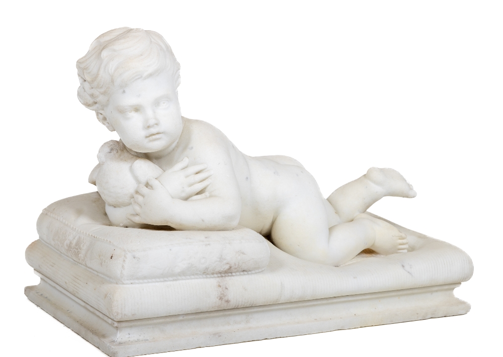 Pietro Franchi (1817 - 1878) Marble Sculpture of a recumbent naked Infant Boy, with arms wrapped - Image 2 of 20