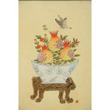 20th Century Chinese School An attractive watercolour "Pomegranate Plant in a blue and white Bowl,