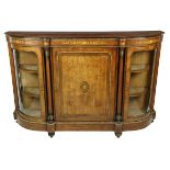 A good Victorian walnut and marquetry inlaid Credenza, with brass mounts, the centre inlaid panel