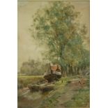 Claude Hayes (1852-1922) "Canal Scene with Figures and Hens," watercolour, signed  lower left, 14" x