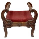 A 19th Century oak and walnut Window Stool, with scroll front and rear arm supports united by turned