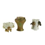 A Moore Brothers porcelain three compartment cluster Vase, applied with gilt and bronzed water lily,