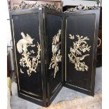 An attractive three fold ebonised and parcel gilt Screen, each fold crested with a shell issuing