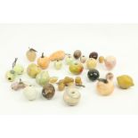 A quantity of miscellaneous coloured marble fruit Specimens, apples, pears, grapes, eggs, plumes