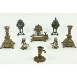 A pair of silver plated Figural Salts, a rococo style gilt bronze Chamber Candlestick, a pair of Art