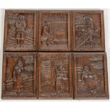 A set of 6 carved wooden Dutch Panels, each with figure in relief, three men and three women,