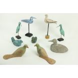 A collection of various carved wooden and painted Decoy Birds, including a duck, snipe and other