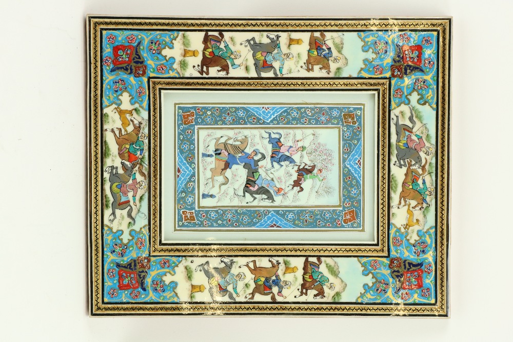An Indian Hunting Scene, with figures on horse, on paper, in colourful mica frame with hunting - Image 2 of 5