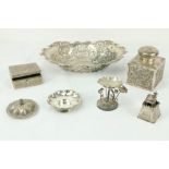 A pierced Japanese silver Export Bowl, 568gr. a square Japanese Export silver Inkstand, with
