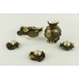 A good set of 3 Moore Brothers 19th Century Lotus Leaf Salts, in white, gilt and bronze, 4 1/2" (