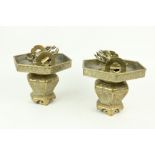 A pair of Chinese hexagonal baluster shaped brass Censors, each with a fruit finial cover, 8" (