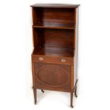 A small mahogany and crossbanded Open Waterfall Bookcase, with cupboard,  two shelves, a frieze