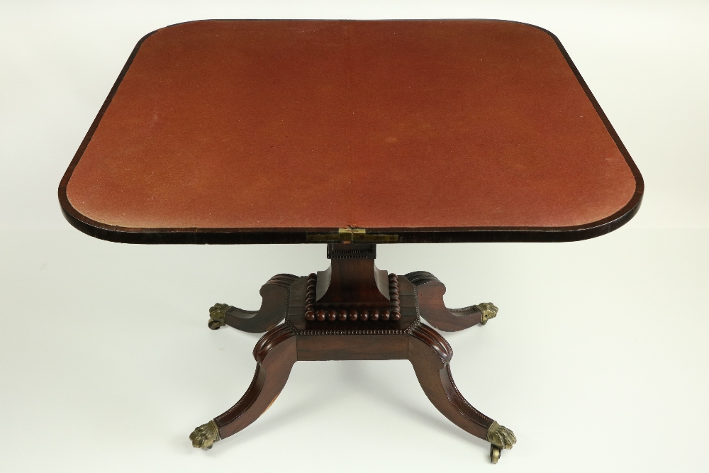 A Regency period rosewood fold-over Card Table, the bead moulded frieze with a centre panel carved - Bild 5 aus 20