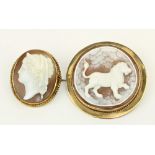 An attractive circular 9ct gold cased Cameo Brooch, with lion design, approx. 4.5cms diameter,