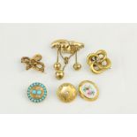 Six small gold Brooches, three decorated with diamond chips, one with turquoise stones and one