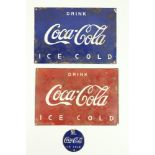 Two Vintage style enamel Advertisement Signs, 'Drink Coca Cola - Ice Cold,' red and blue,