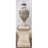 A fine quality Georgian style sandstone Urn on stand, with ornate finial, approx. 236cms high (7'