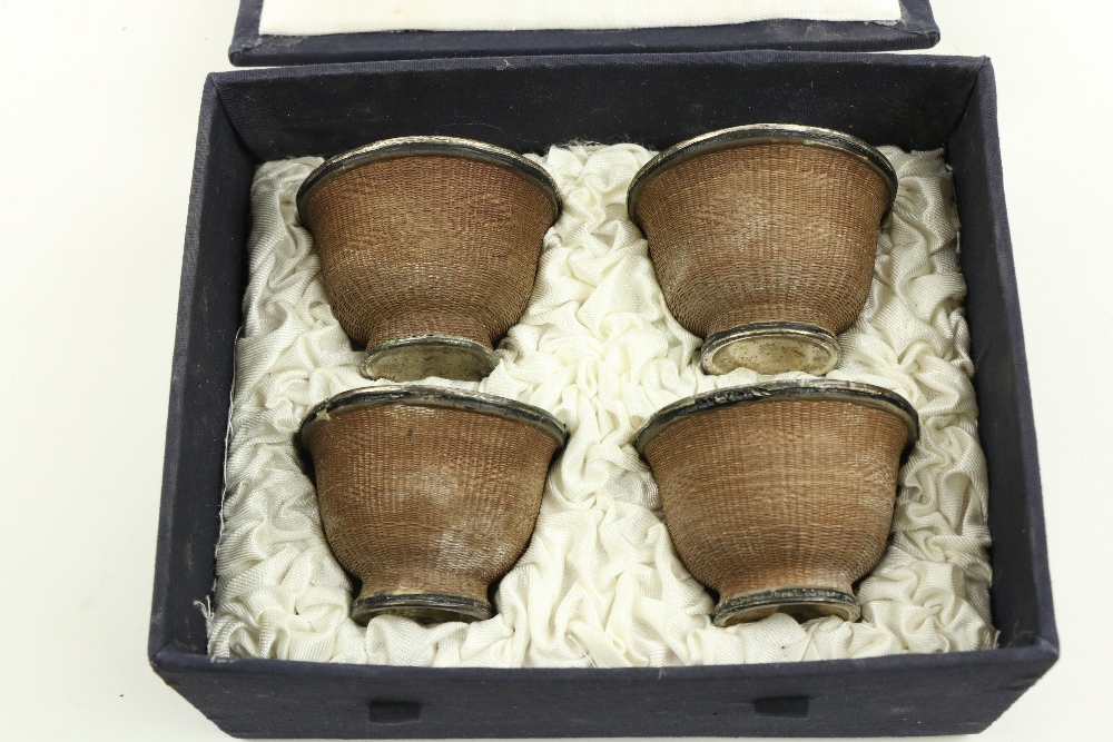 A set of 4 cased Chinese basket weave bound white metal Tea Bowls, 7.5cms (3"). (4) - Image 4 of 4